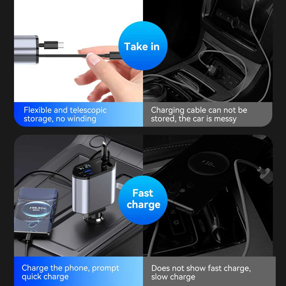 Cargador de Auto 4 en 1 120W Retráctil | USB Tipo C | iPhone Xiaomi Samsung 🔌