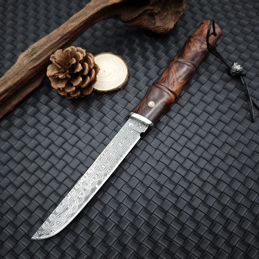 Bamboo Shape Damascus Blade Red Sandalwood Handles Tactical Survival Hunting Knives Camping EDC Self Defense Tools with Gift Box
