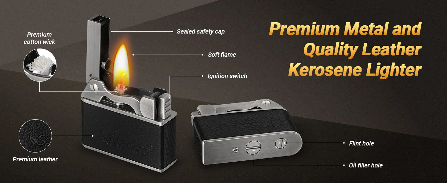 Scotte Vintage Lighter, Windproof Soft Flame, Metal and Leather Trench Lighter, Fluid Refillable Pocket Lighters