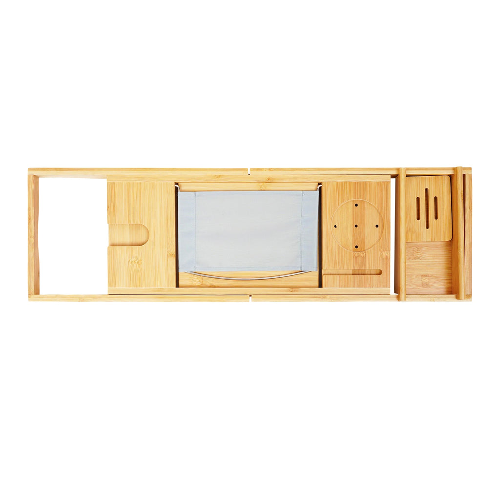 Adjustable Bamboo Bathtub Tray with Wine Glass Holder & iPad Slot, Waterproof Bath Caddy for Relaxation, Reading, Wine Time