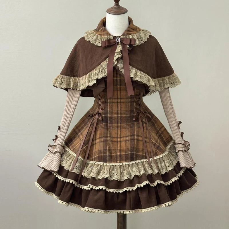 Japanese Cute Lolita Style 3 Piece Set Women Sweet Lace Bow Peter Pan Collar Cloak Top Plaid Mini Dress Korean Harajuku Y2k Suit