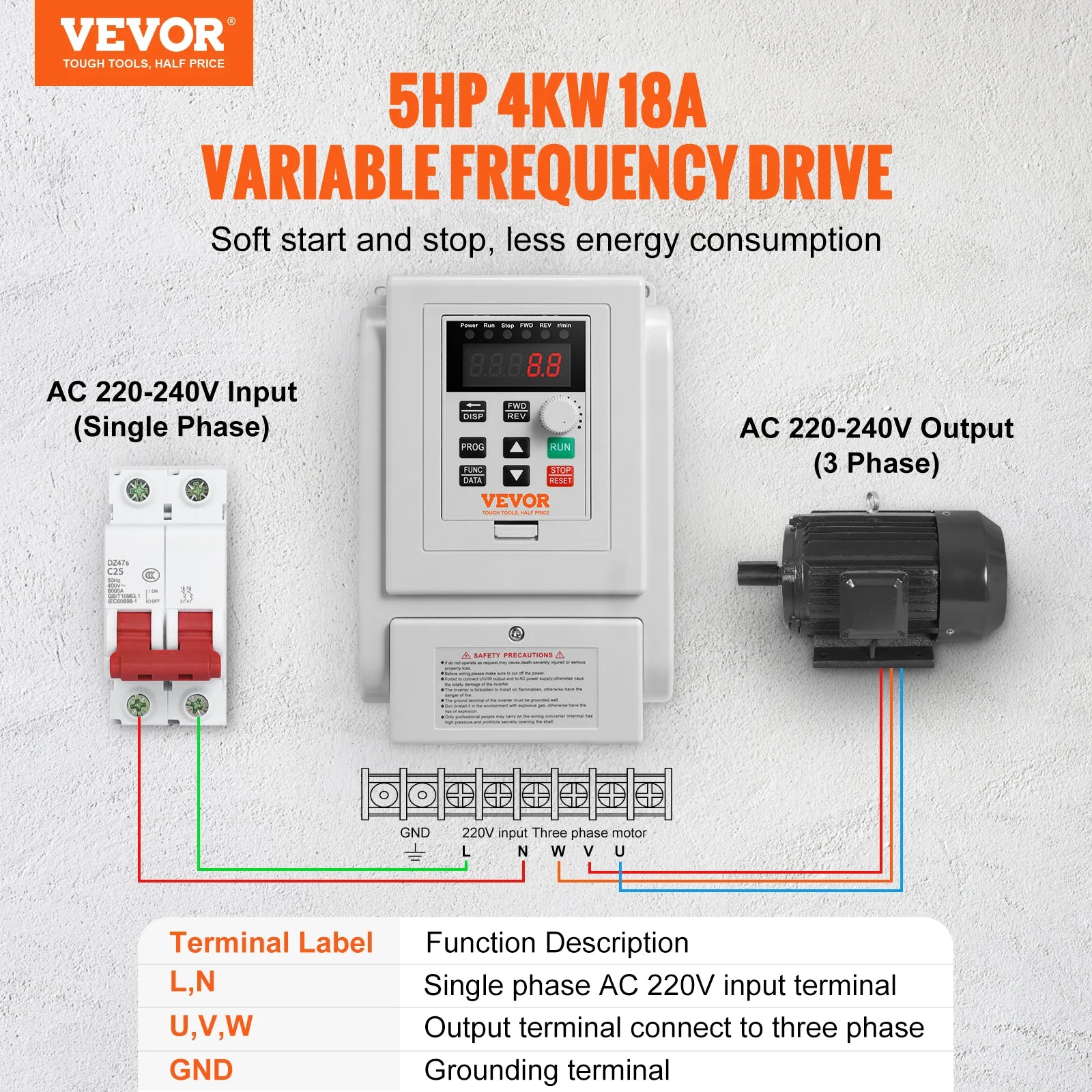 SucceBuy VFD 5HP4KW Singel Phase 220V-240V Input to 3 Phase 220V-240V Output Variable Frequency Drive for AC Motor Speed Control