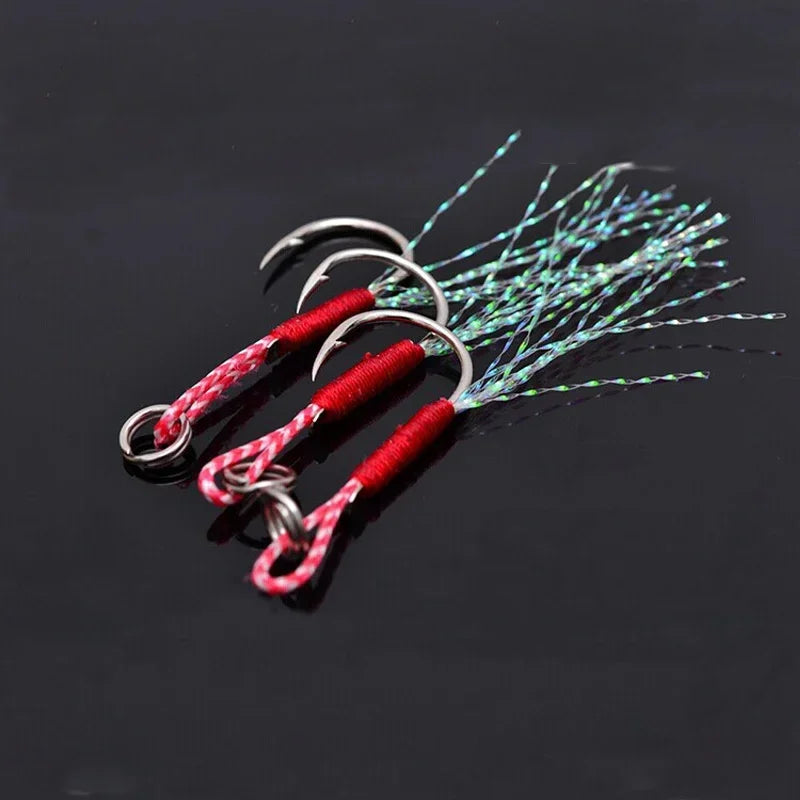 10-40Pcs Slow Jigging Fishing Cast Jigs Assist Hook Barbed Single Jig Hooks Thread Feather Pesca High Carbon Steel Fishing Lure