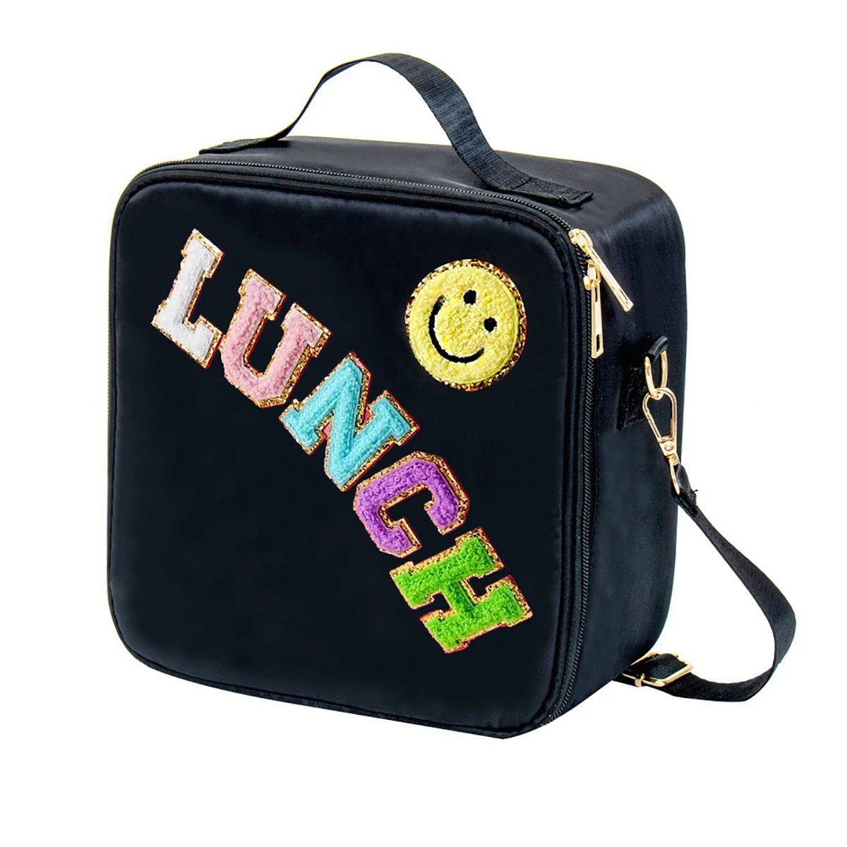 Adjustable Strap Insulated Lunch Bag, Nylon Lunch Box Insulated Bag, With Chenille Letter Patch Decor, For School Travel PicnicB
