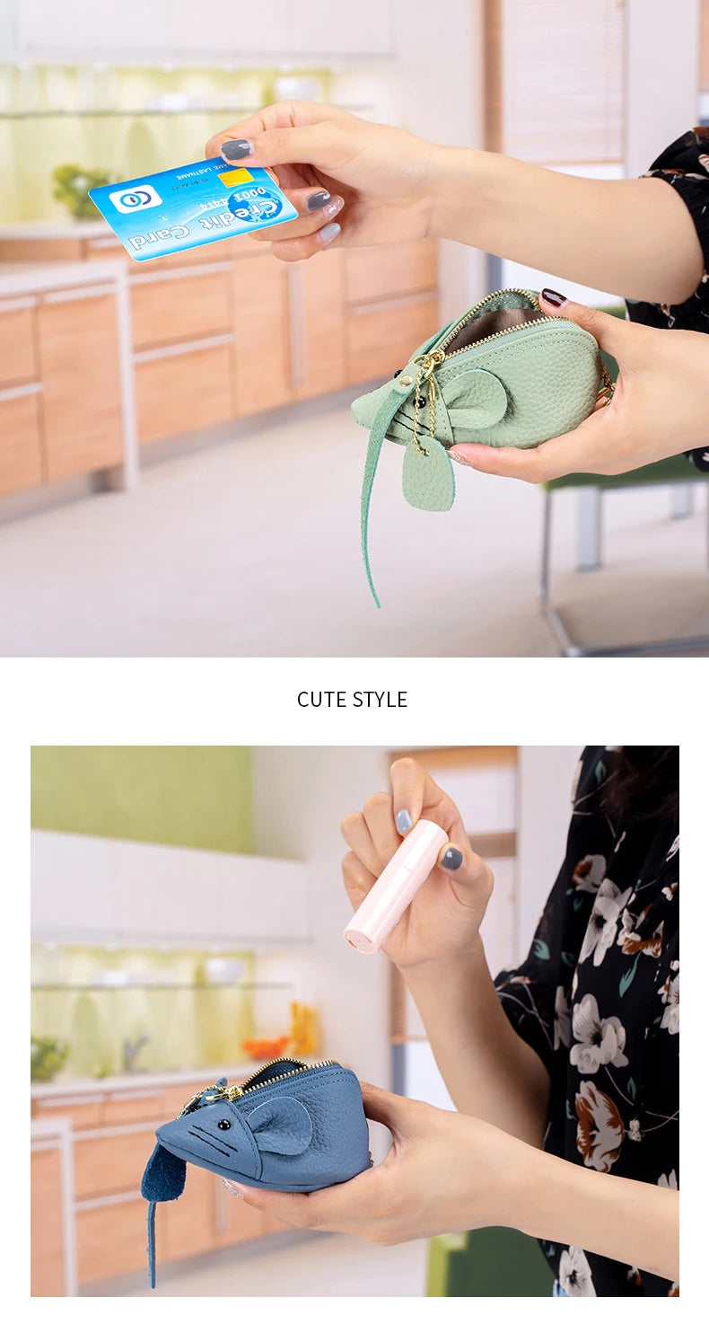 A8077 Cute Animal Design Lady Lipstick Bag Fashion Key Case Wallet Full Grain Cow Leather Vivid Lovely Mini Mouse Shape Purse