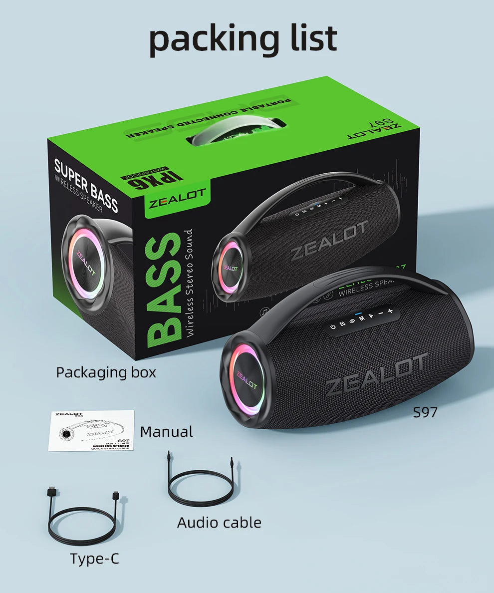 Zealot-S97 80W high power bluetooth speaker portable RGB colorful light waterproof wireless subwoofer 360 stereo surround TWS FM