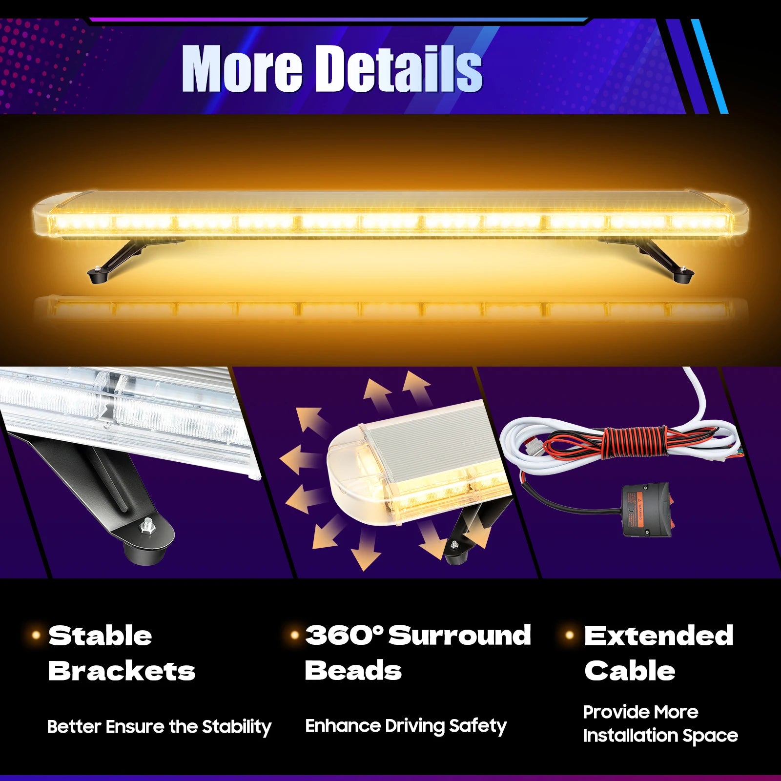 96 LED Strobe Light Bar w/Controller 16 Strobe Modes Yellow Flash Light Emergency Warning Lamp 150LM Burst Light IP65 Waterproof