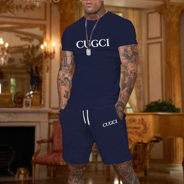 2026 summer T-shirt shorts short sleeved two-piece men's casual sports suit fashionable casual trendy clothing