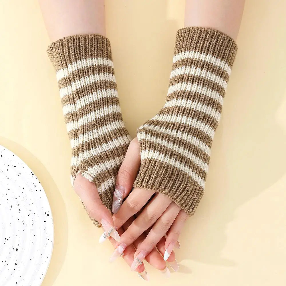 Women's Knitted Fingerless Arm Sleeves Gothic Style Striped Winter Long Arm Warmers Girls Harajuku Y2K Fashion Wrist Gloves