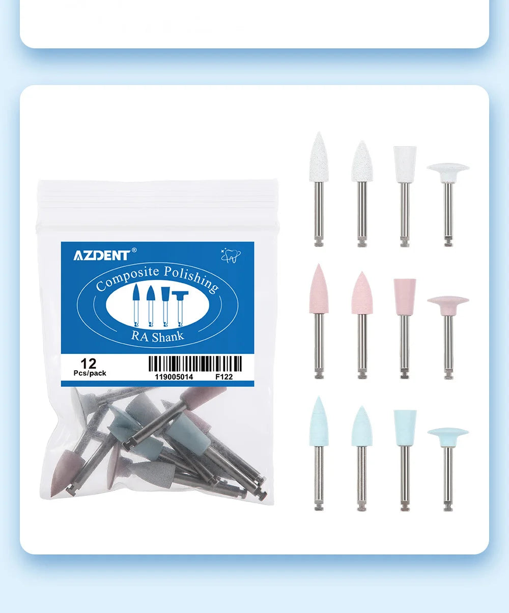 AZDENT 12Pcs/Set Dental Silicone Polishing Rubber Grinding Heads Teeth Polisher 2.35mm RA Finisher for Low Speed Handpiece