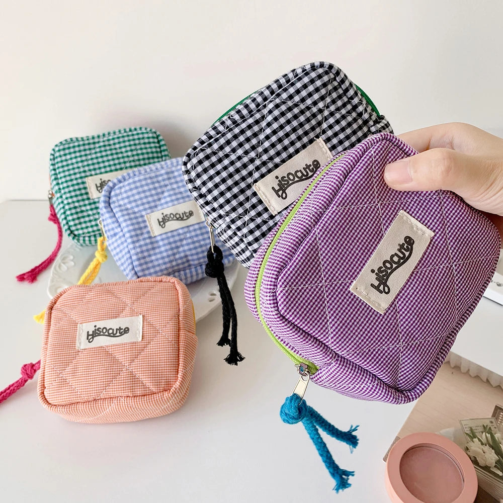 Ins Style Plaid Mini Coin Purse Portable Cosmetic Storage Bag Lady's Lipstick Bag and Card Holder Kawaii Tofu Pillow Bag