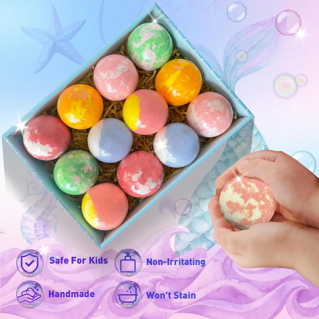 Kids Bath Bombs with Surprise Mermaid Toys, 12pcs Gift Set for Girls, Moisturizing Shea & Coco Butter