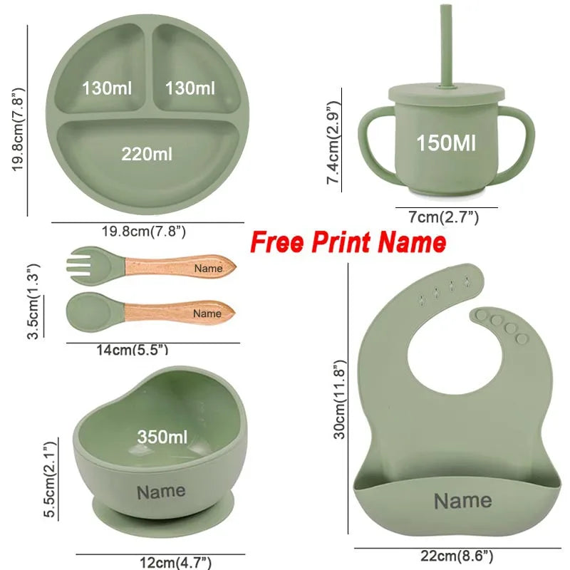 Set 6pcs Vajilla de Silicona para Bebé | Bol, Plato, Cuchara, Tenedor, Babero y Vaso 🍼