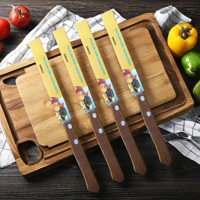 Wood Handle Fine Tooth Serrated Steak Knife Set Cutlery Stainless Steel Sharp Serrated Table Knife Dishwasher Safe Suitable