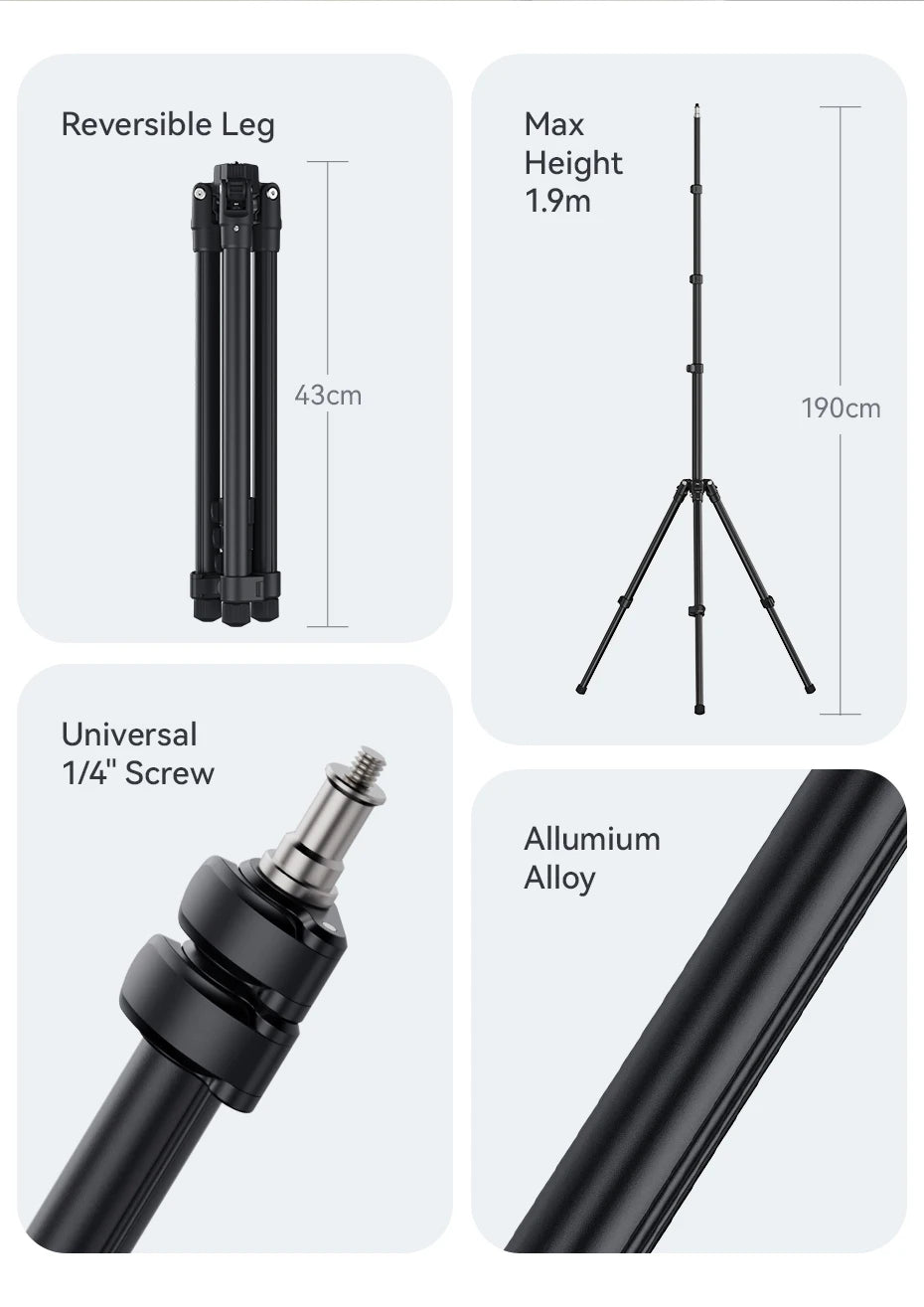 Ulanzi TT43 1.9M Aluminum Alloy Light Stand Reversible Leg Light Stand Tripod for LED Light Projector Flash Softbox Max Load 6KG