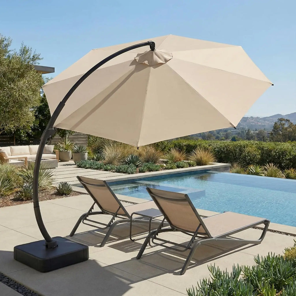 11ft round Aluminum Patio Umbrella with Base - Offset Cantilever Design 360° Rotating Customizable Large Outdoor Shade Umbrella