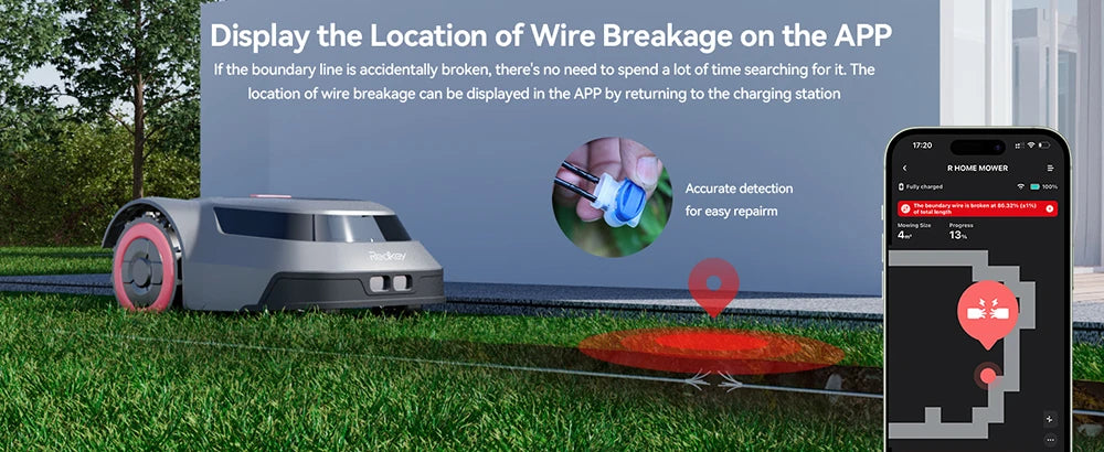 C-TOF Robot Lawn Mower Redkey MGC1000 Lawn Mower Robot Cable Break Detection Climbing Capacity 45% App Control Mowing Robot