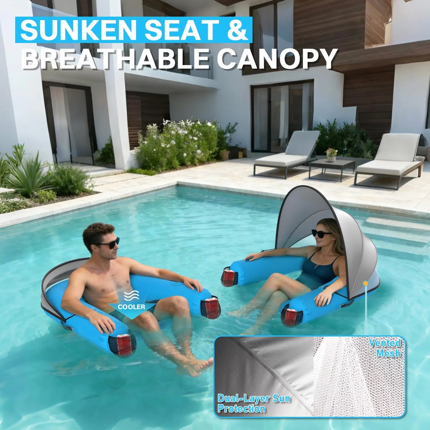 Adult Inflatable Pool Floats Chair with UPF50+ & Vented Canopy, 2 Drink Holders, Deepened Seat, Adjustable Sun, Customized