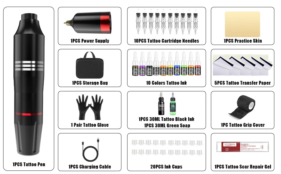 New 55 Pcs Tattoo Gun Kit Rotary  Complete Tattoo Kit with Power Supply  Mix 10 Piece Cartridge Needle for Beginners and Artists