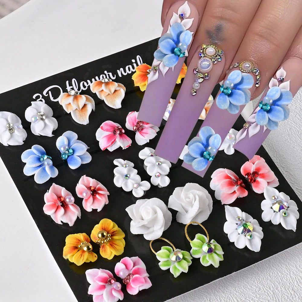 5/30Pcs 3D Handmade Nail Acrylic Flower Rhinestone Side Floret with Pearl Diamond Nail Art Decorations Carving Flower Nail Charm