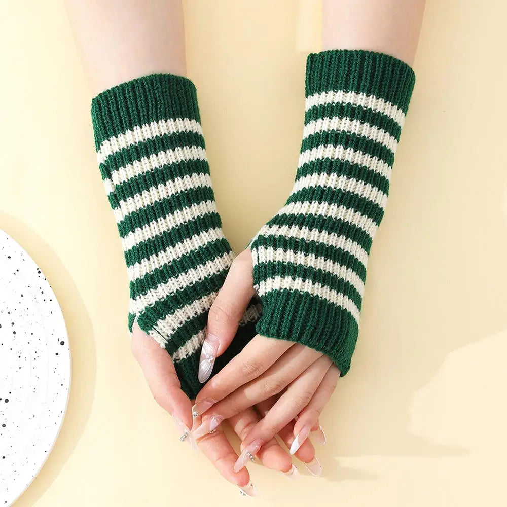Women's Knitted Fingerless Arm Sleeves Gothic Style Striped Winter Long Arm Warmers Girls Harajuku Y2K Fashion Wrist Gloves