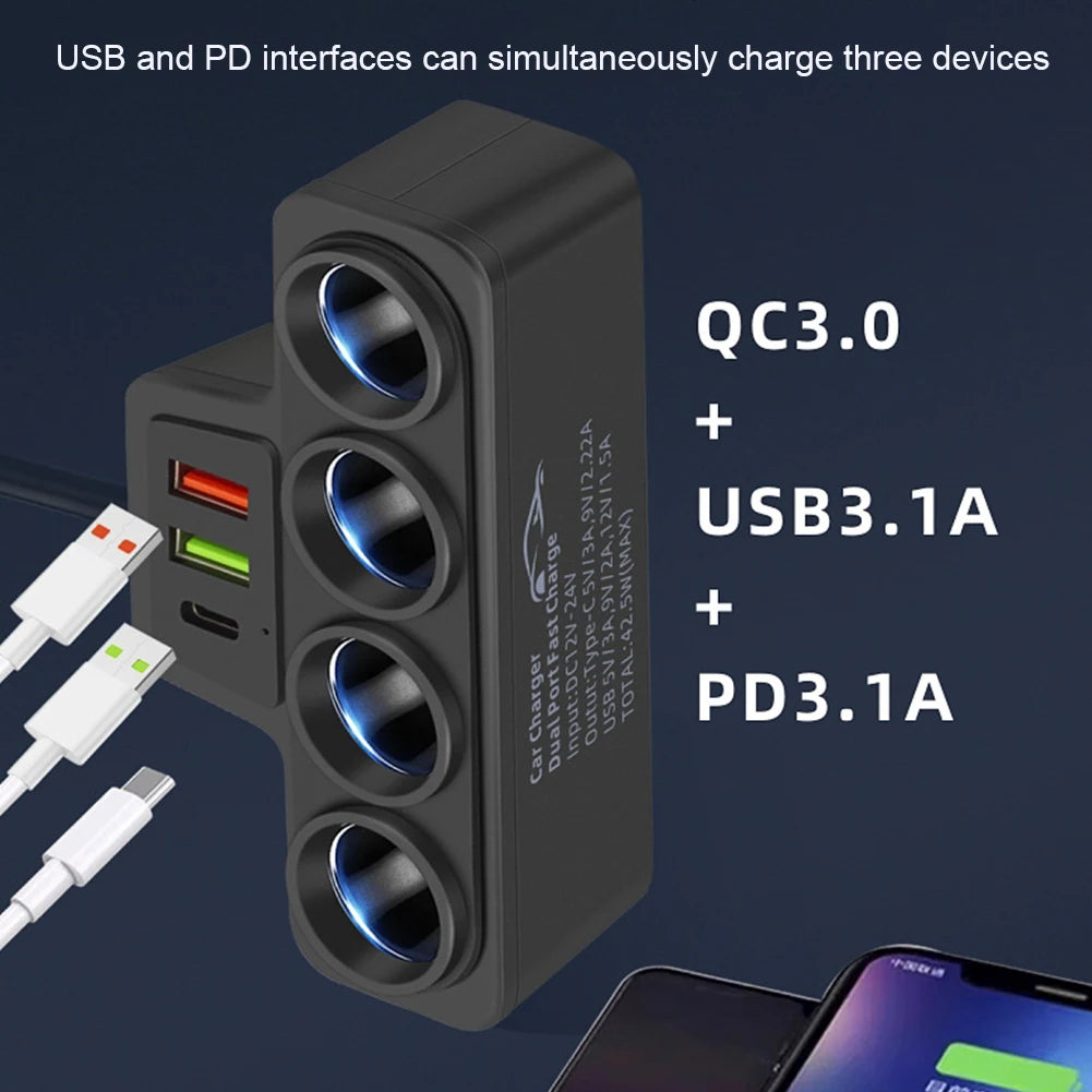 Phone Power Adapter QC3.0+PD 3.1A 120W Car Cigarette Lighter Socket Splitter Plug 4-Socket 3 USB Ports USB Phone Charger Adapter