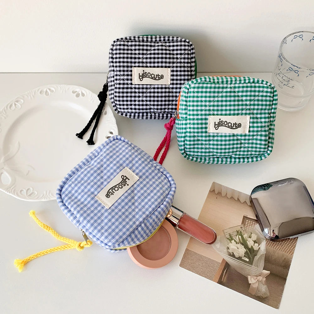 Ins Style Plaid Mini Coin Purse Portable Cosmetic Storage Bag Lady's Lipstick Bag and Card Holder Kawaii Tofu Pillow Bag
