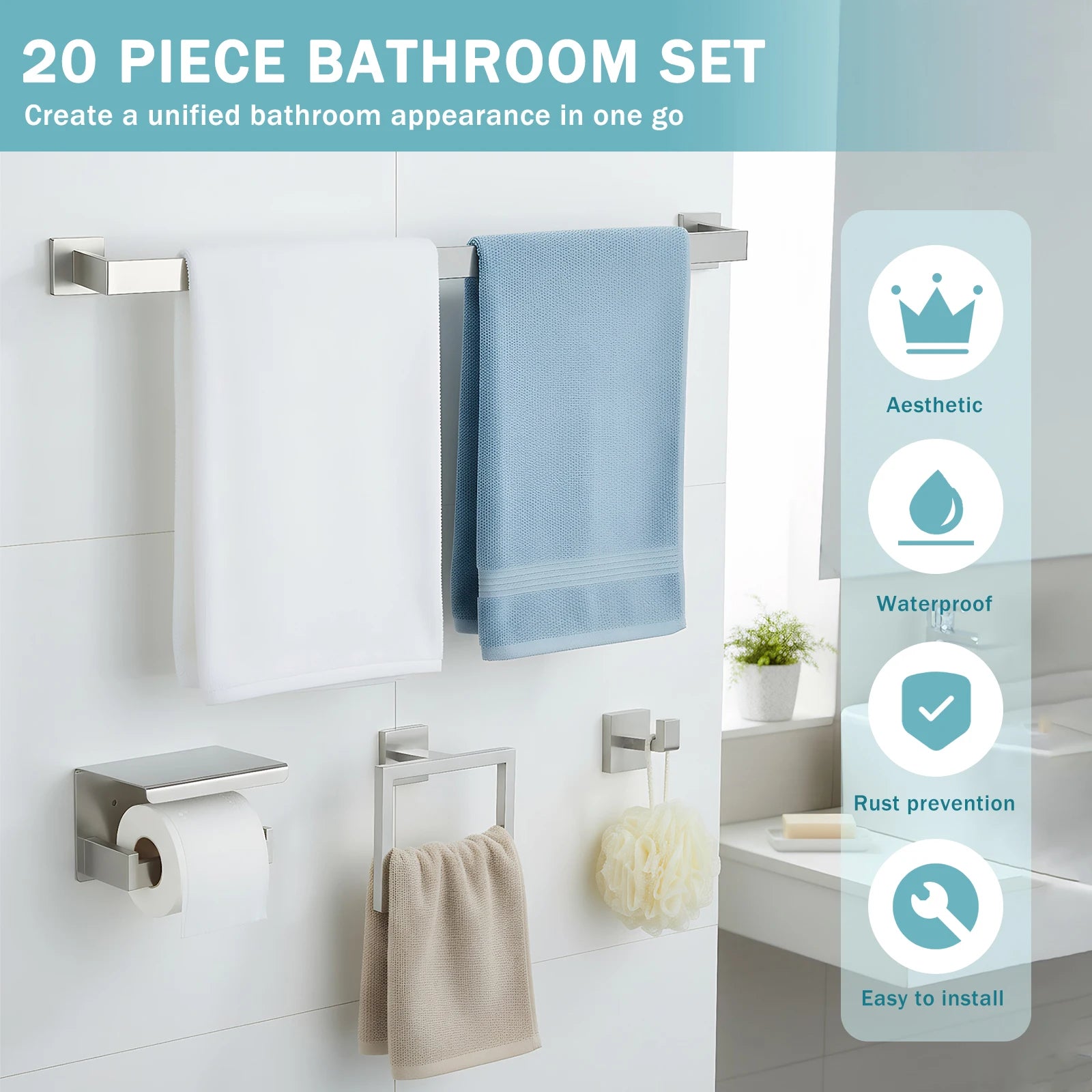 20-Pieces Stainless Steel Bathroom Hardware Set Wall Mounted Bath Towel Bar Set Towel Rack/Toilet Paper Holder/Towel Ring/Hook