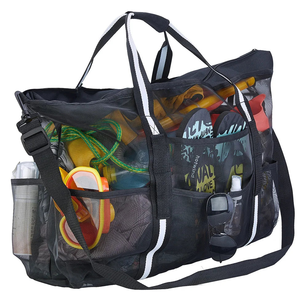 Mesh Swimming Bag Sandproof Bottom Foldable Summer Pool Bag 8 Pockets Beach Handbag Zipper Towel Storage for Travel Vacation
