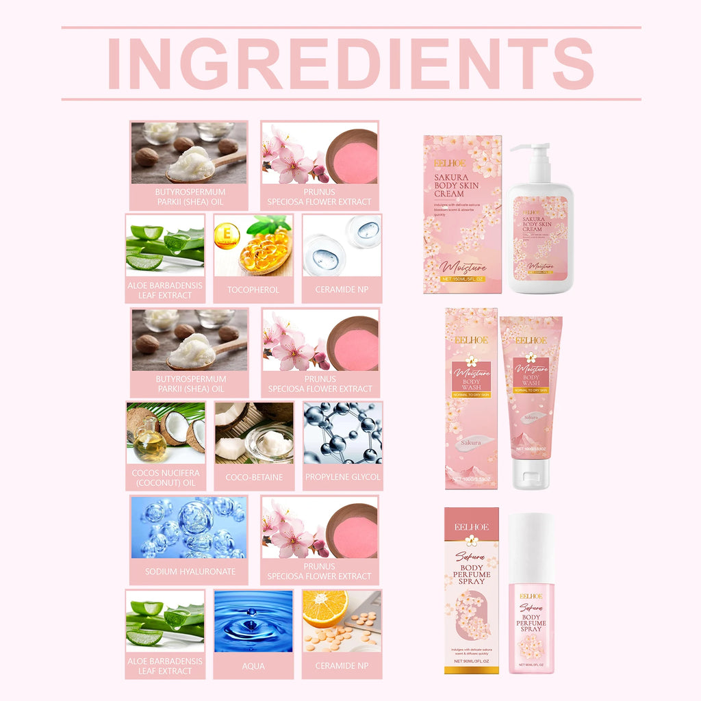 EELHOE Sakura Flower Body Skin Care Set Lasting Moisturizer Body Lotion for Brightening Skin Lightening Shower Gel Perfume Spray