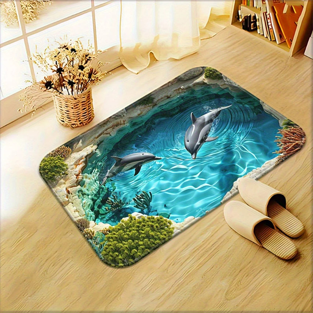 VIKAMA Dolphin Printed Carpet Waterproof and Anti Slip Machine Washable Living Room and Bathroom Quick Drying Floor Mat