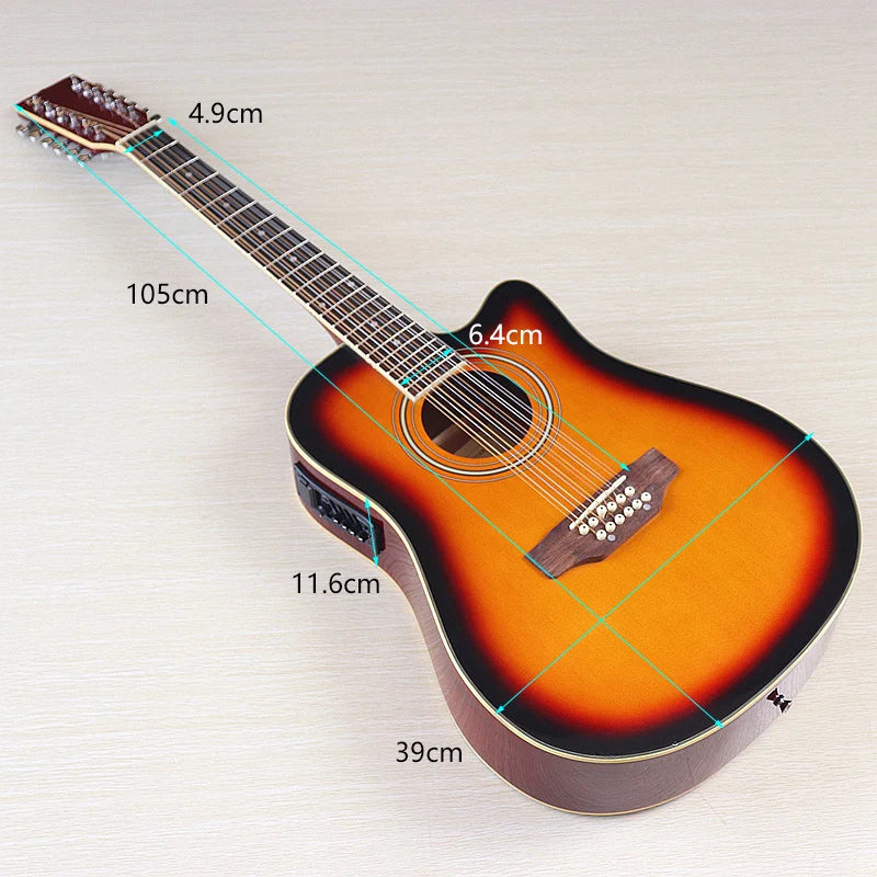 Guitarra Acústica de 12 Cuerdas 41" | Madera Spruce | Diseño Folk | Negro y Natural 🎸