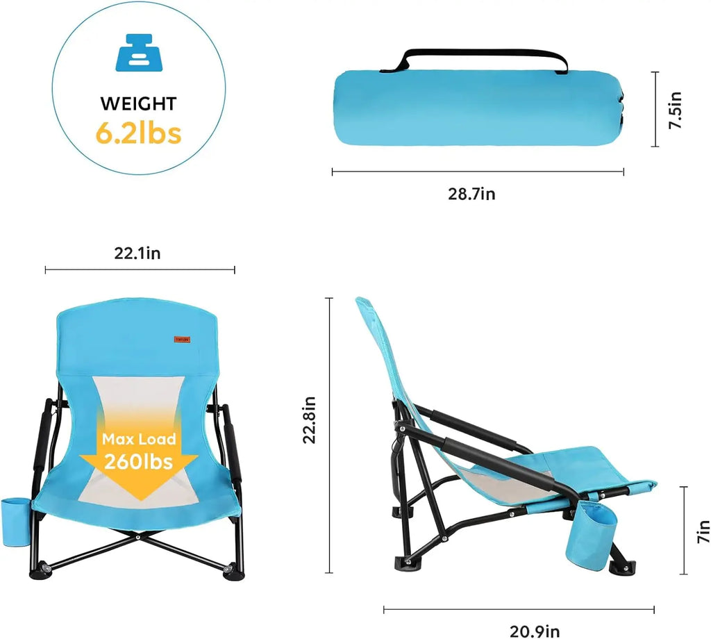 Low Profile Folding Beach Chair for Adults, 2 Pack with Cup Holder & Carry Bag, Heavy Duty for Outdoor Sand, Camping, Concert