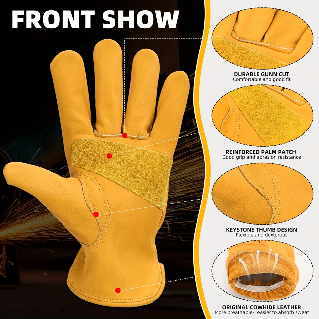 1 Pair Of Flex Grip Leather Work Gloves, Stretchable Wrist Tough Cowhide Working Gloves (Yellow)