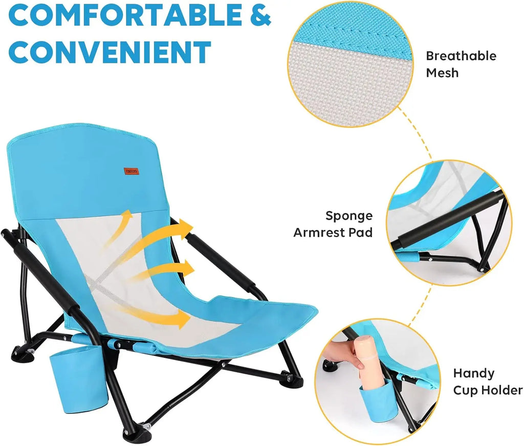 Low Profile Folding Beach Chair for Adults, 2 Pack with Cup Holder & Carry Bag, Heavy Duty for Outdoor Sand, Camping, Concert