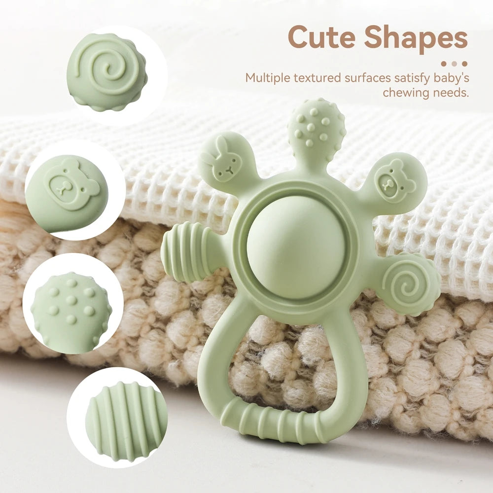 BPA Free Silicone Baby Teether — Sensory Rattle + Hand Bell | 0-12 Months