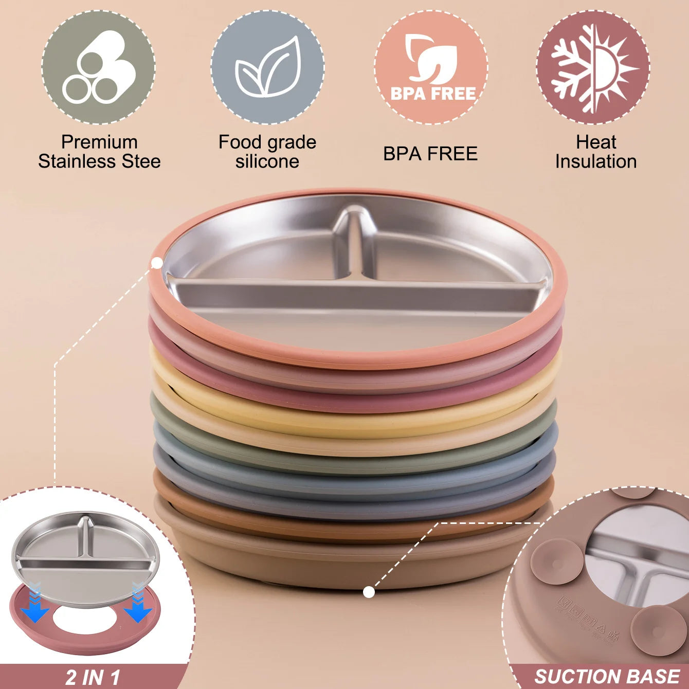 Plato de Acero Inoxidable con Ventosa Color Kids | Silicona | Alimentación Bebé 🍼