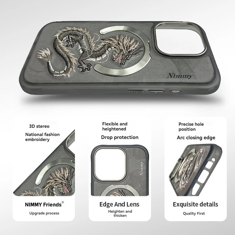 Dragon Phoenix 3D Embroidery Protective Case For iPhone 16 Pro Max Magnetic Wireless Charger Trend Original Fashion Cover