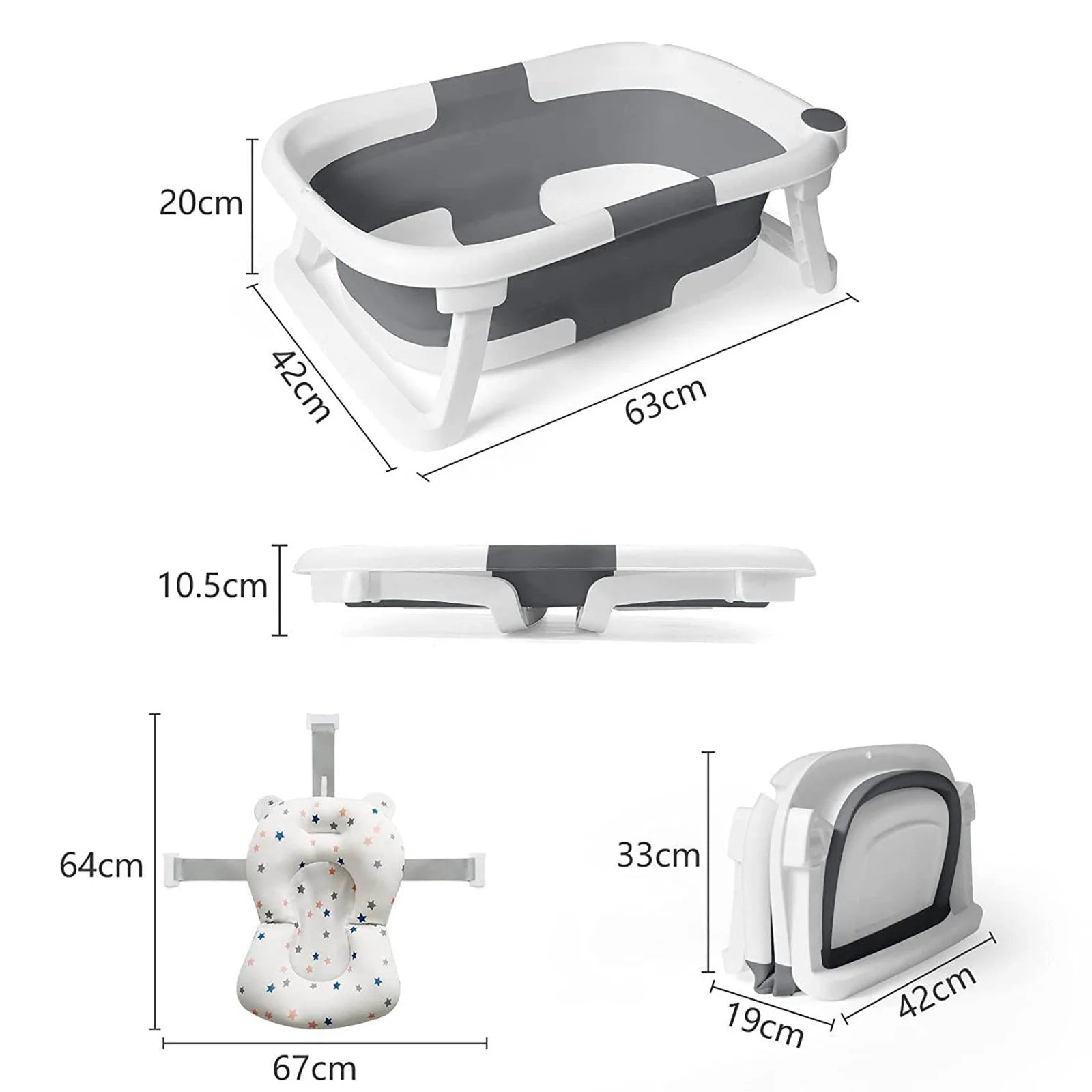 Baby Bath Tub with Bath Cushion Foldable Bathtub with Thermometer Shower Cap Shower Brush for Newborn and Toddler 0-36 Months