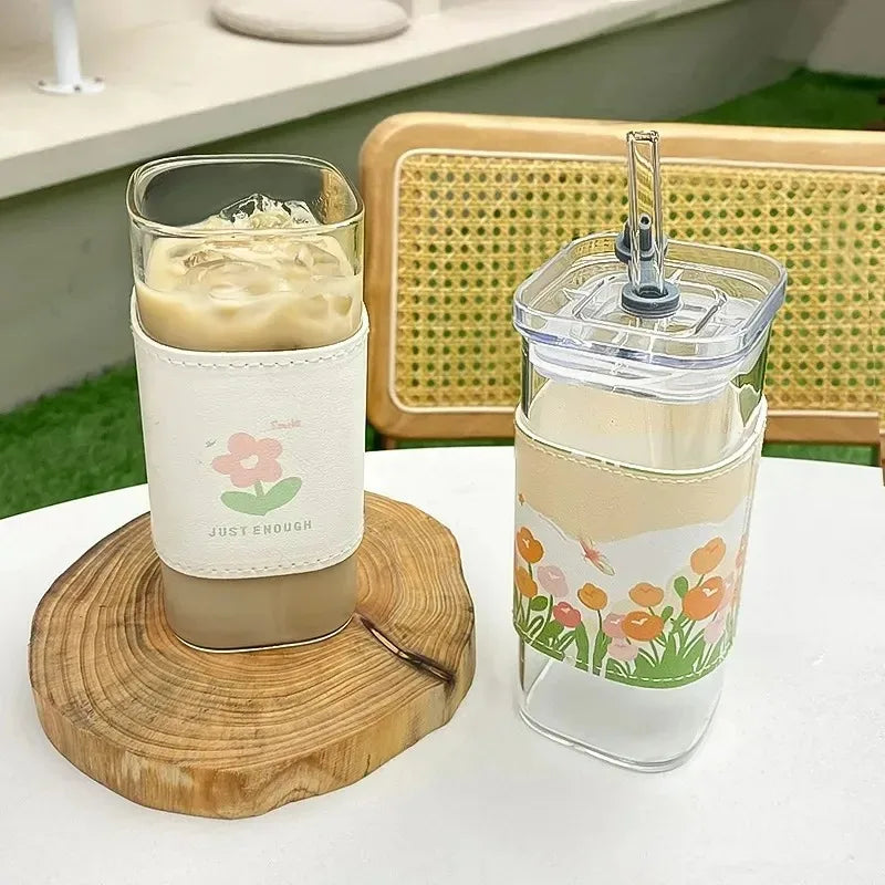 Vaso de Vidrio Cuadrado con Tapa y Pitillo | Resistente al Calor | Café y Té ☕ - Firu Total Sales
