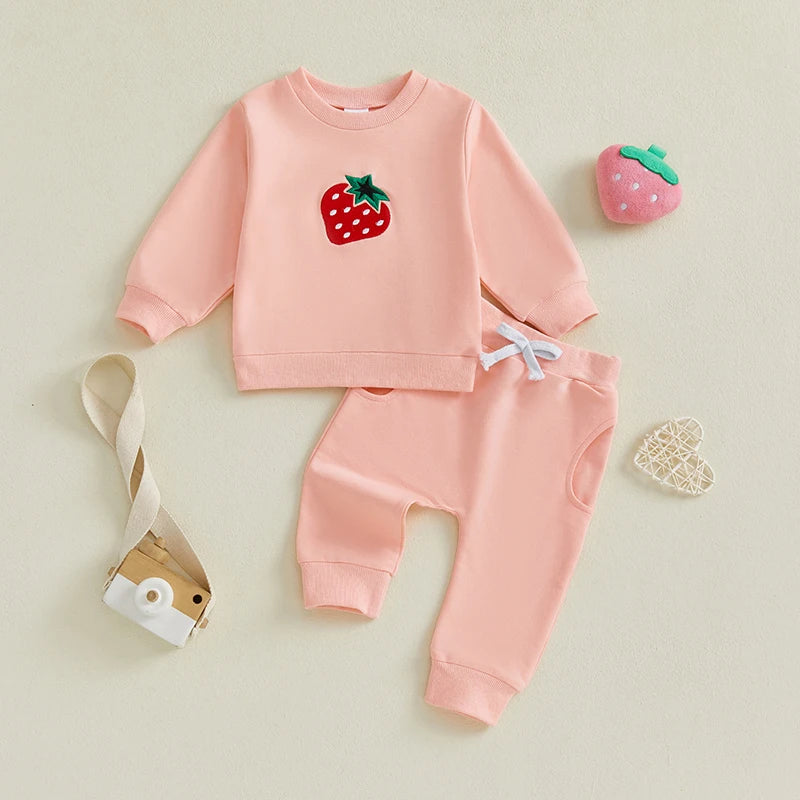 Cute Toddler Girl Autumn Ensemble Adorable Strawberry Embroidered Crew Neck Sweatshirt with Matching Long Pants 2-Piece Set - Firu Total Sales