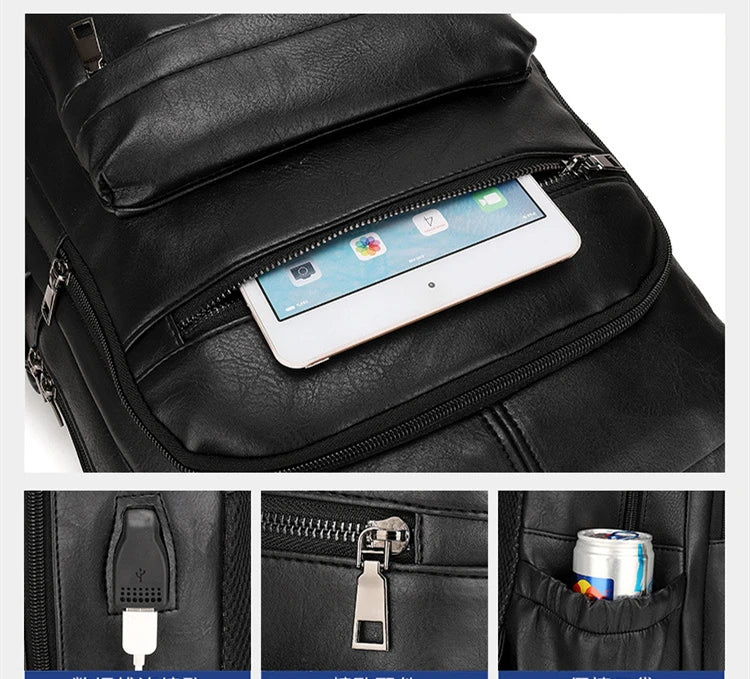 High Quality USB Charging Backpack Men PU Leather Bagpack Large Laptop Backpacks Male Mochilas Schoolbag For Teenagers Boys