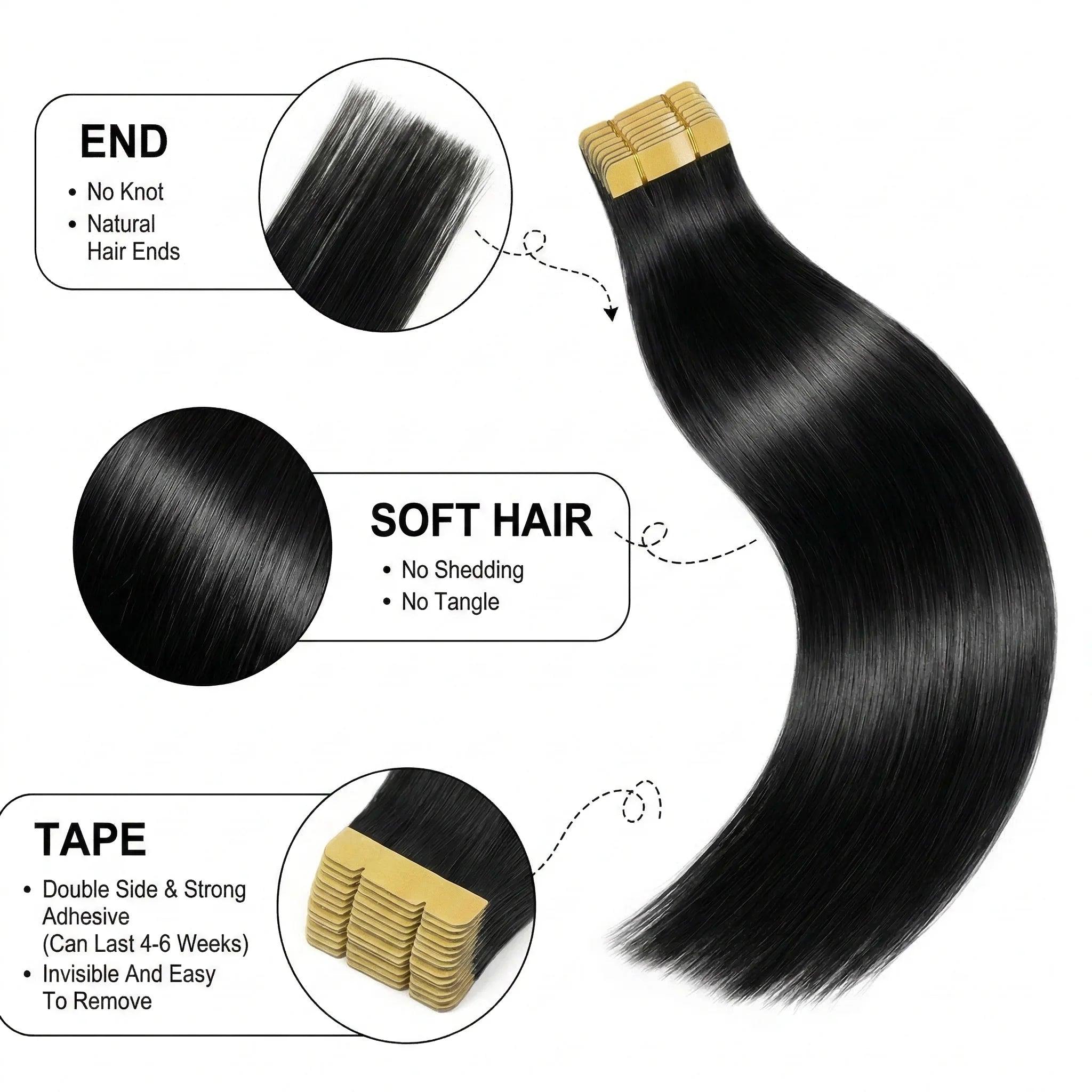 Seamless Invisible Straight Tape in Hair Extensions 100% Human Hair Brazilian Natural Black 16-22 Inch Skin Weft Tape Human Hair