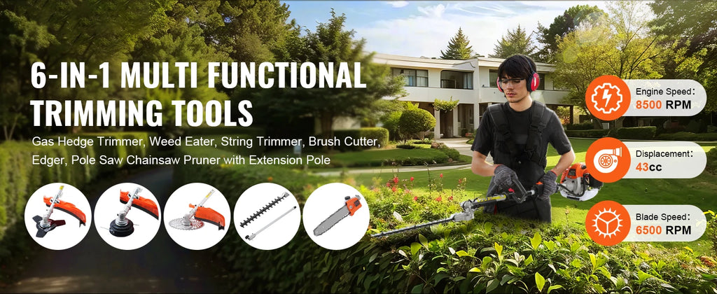 SucceBuy 43CC 6-in-1Multi-Functional Trimming Tools Gas Hedge Trimmer Weed Eater String Trimmer Brush Cutter Edger Pole Chainsaw