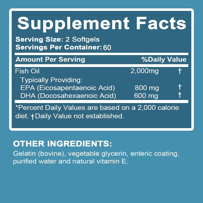 Omega 3 Fish Oil 2000mg - With EPA And DHA, 3x Strength, Highest Potency, Supports Brain & Heart Health - 120 Capsules