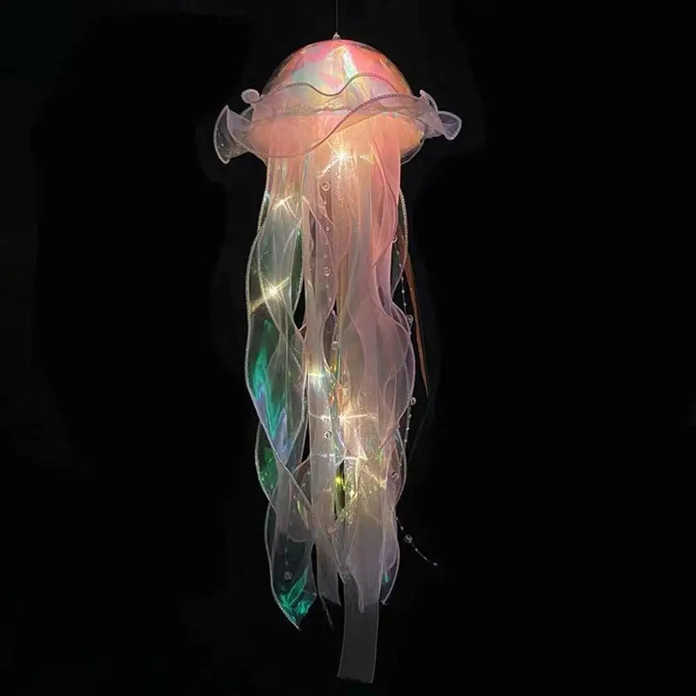 Jellyfish Colorful Nightlight Button Battery Hanging Ceiling Lantern with Ribbon&Bead LED Bulbs for Children Bedroom