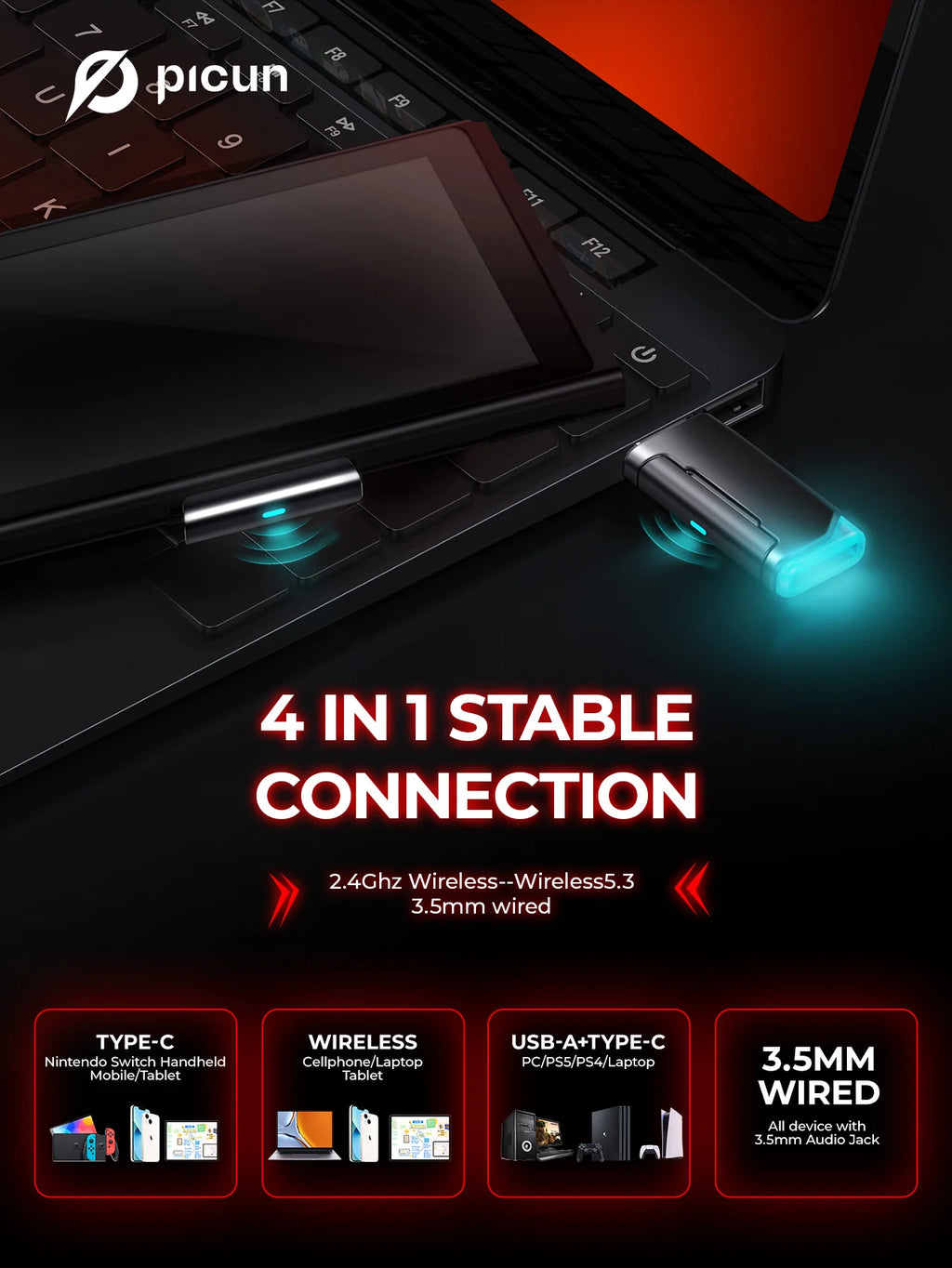 Picun G2 Gaming Headset 2.4G Wireless | 7.1 Surround ENC Mic | PC PS4 PS5 Switch