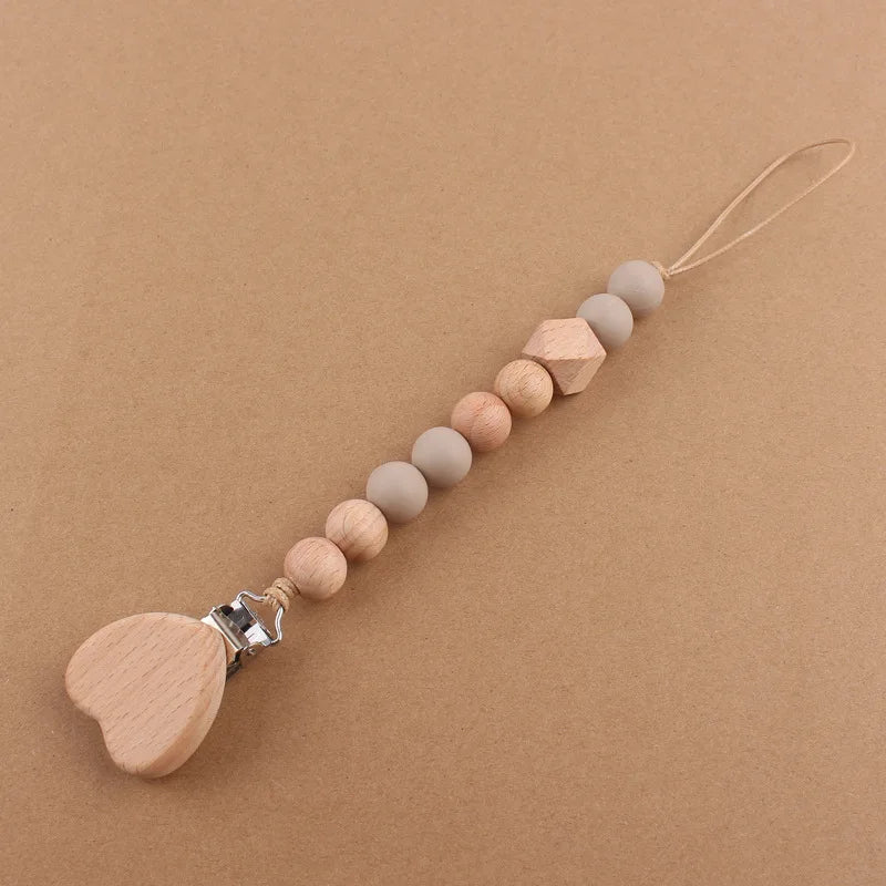 Baby products cartoon love beechwood pacifier clip creative baby silicone beads bite teeth pacifier chain