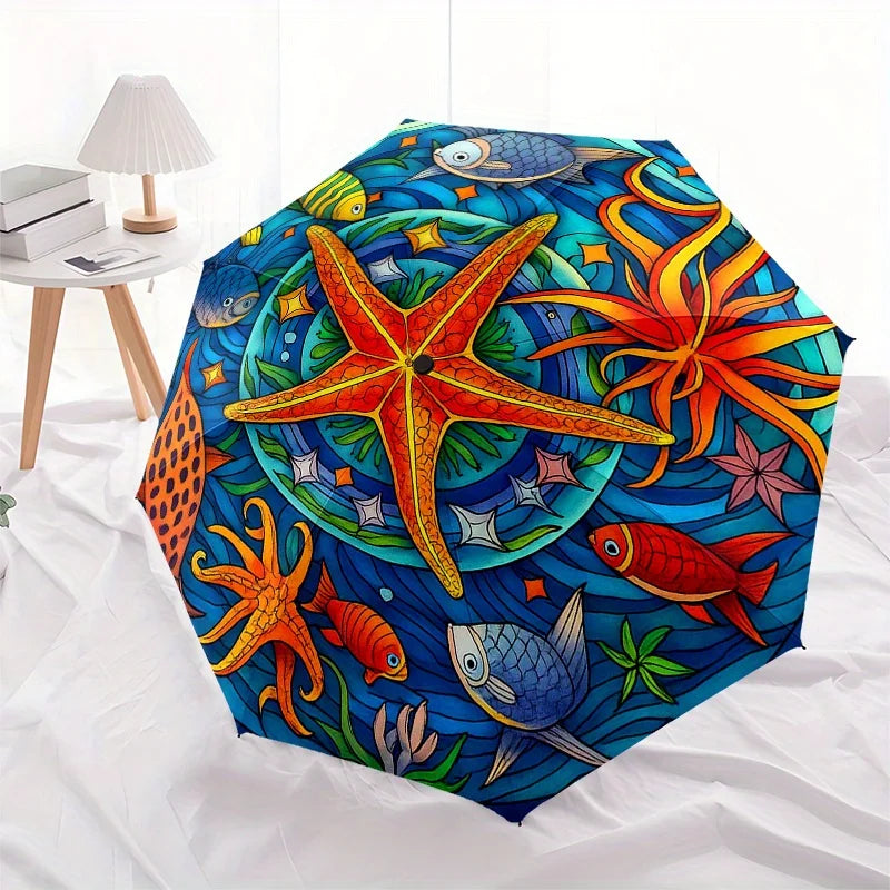 Underwater Paradise Umbrella - Automatic Open/Close, Compact 3-Fold Travel Umbrella with Marine Life Design (Starfish, Tropica