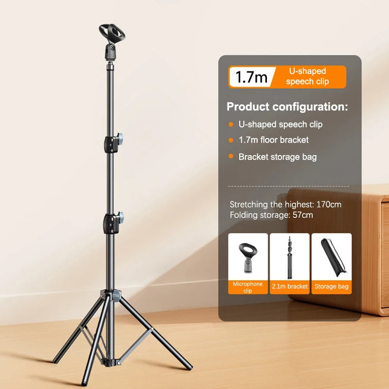 NEW! Microphone Boom Tripod Stand 1.7 2.1M Mic Tripod Bracket 66CM Crossbar Arms With Clip And Phone Holder